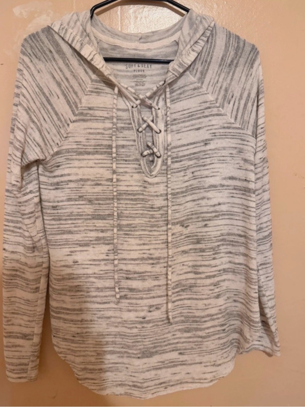 American Eagle Outfitters White and Gray Marled Lace-Up Hoodie